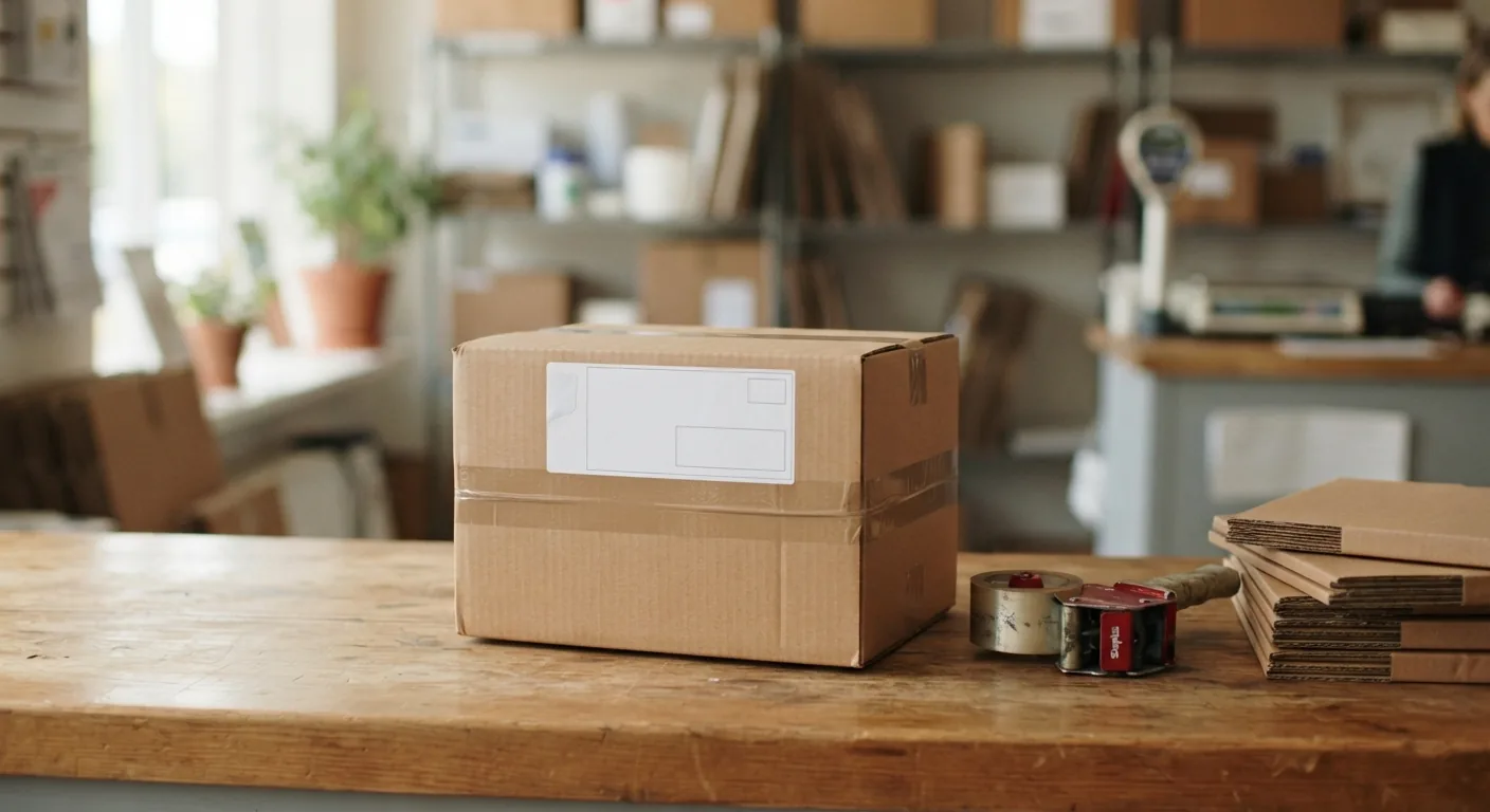 A stack of plain cardboard packages on a shipping counter with a tape gun and labels nearby