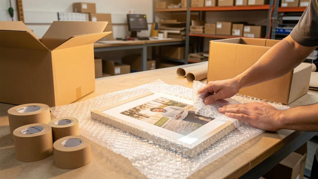 Hands carefully wrapping a framed photograph in bubble wrap on a packing table, rolls of tape and packing materials visible, warm workshop lighting