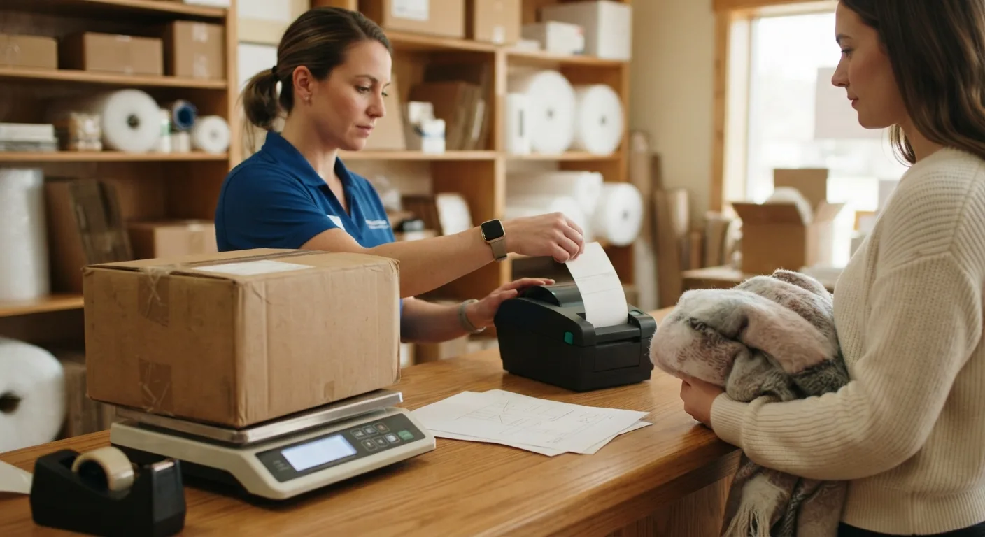 A shipping counter in Concord Township, Ohio with a packed cardboard box on the scale, carrier rate sheets fanned out, and a clerk printing a shipping label while a customer waits with an unwrapped item.