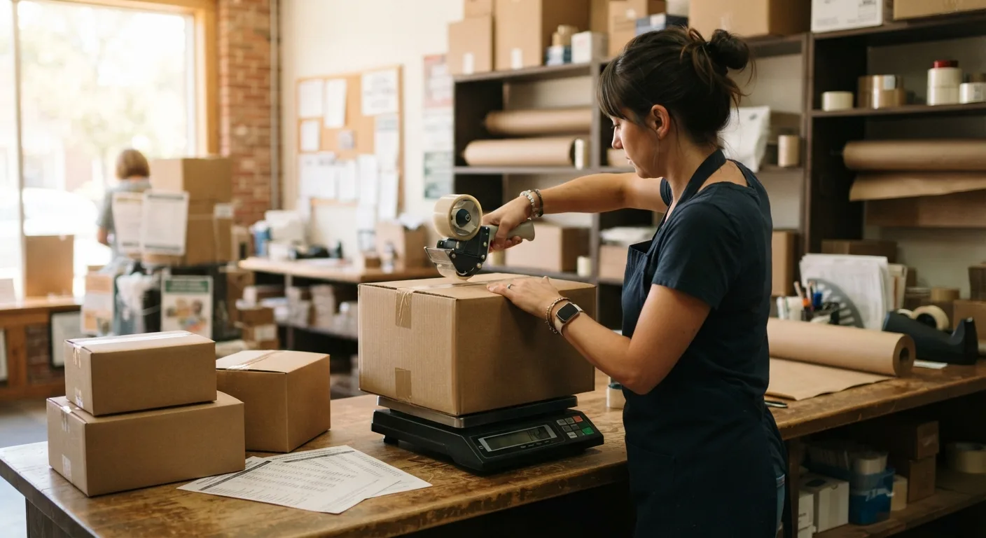 Two shipping counters side by side in a store in Concord Township, Ohio — one with a scale, packing paper and labeled boxes, the other holding a shipping rate comparison sheet while an employee inspects a taped box seam.