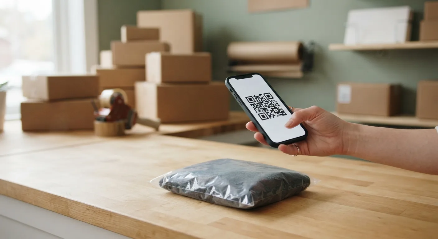 A phone showing a return QR code held over a shipping counter with a bagged item ready for drop-off — TikTok Shop returns via UPS Happy Returns.