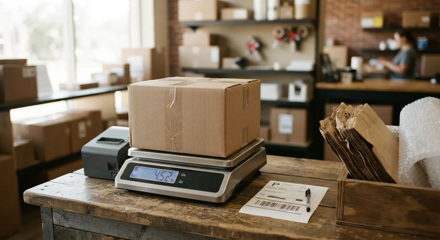 A sealed parcel on the shipping counter scale at Mailbox Plus in Concord Township, Ohio, next to packing materials.