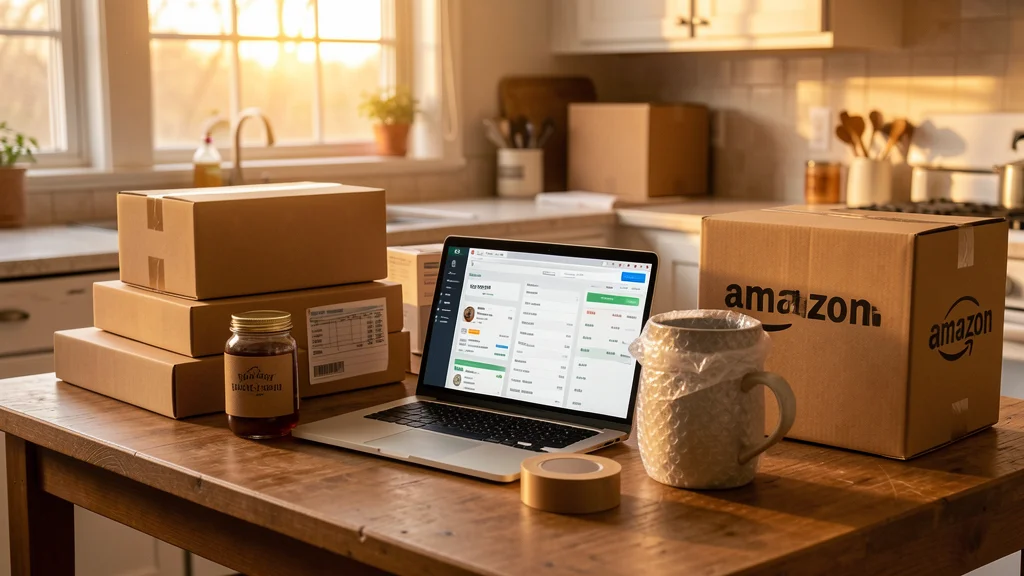 A kitchen table in Ohio with a stack of orders, a laptop open to a shipping app, ceramic mugs, a jar of maple syrup, and an Amazon return box waiting to be packed — Mailbox Plus packing and shipping in Concord Township, OH.