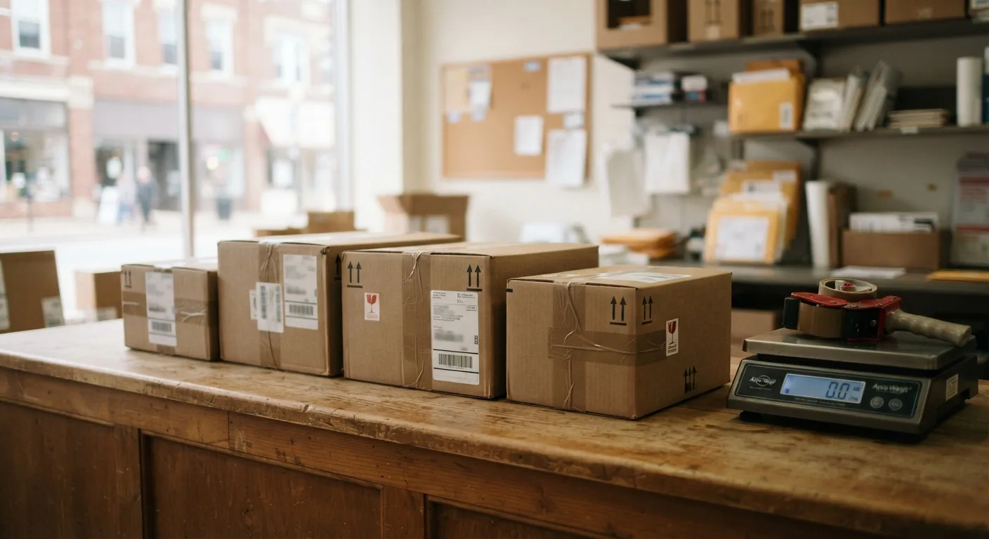 A row of packed holiday boxes waiting on the shipping counter at Mailbox Plus in Concord Township, labels on, staged for carrier pickup before the peak-season rush