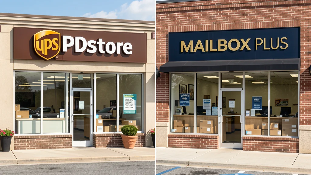 Two storefronts side by side — a branded UPS Store on one side and the independent Mailbox Plus on the other, with carrier logos visible in each window