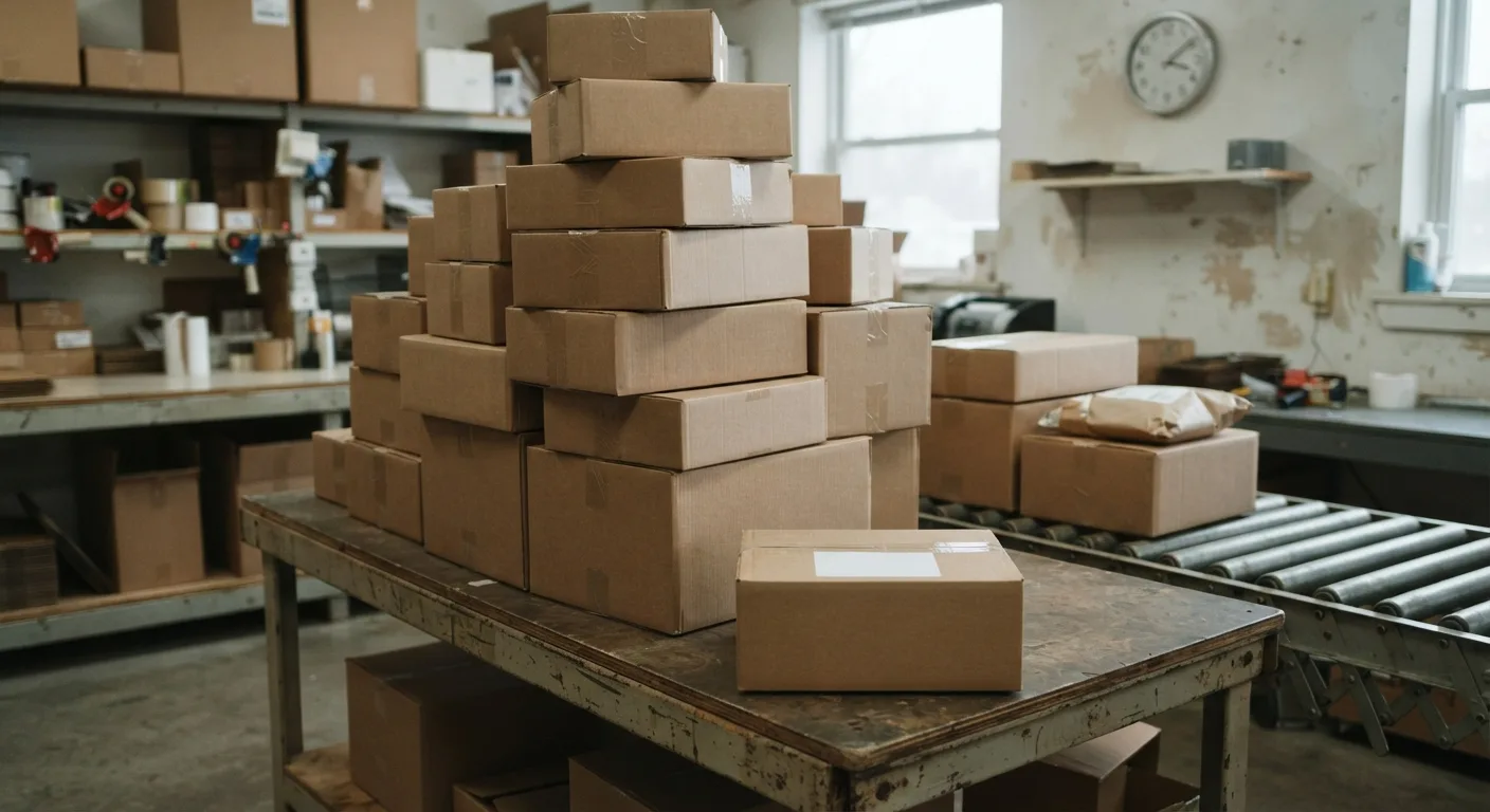 A stack of cardboard shipping boxes beside a conveyor belt, representing USPS hub delays during peak season — Mailbox Plus packing and shipping in Concord Township, OH.