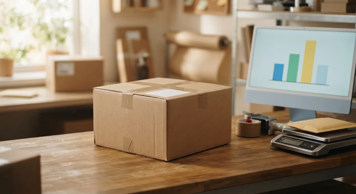 A packed cardboard care box on a shipping store counter next to a rate quote screen, warm natural light in a package shipping store — Mailbox Plus in Concord Township, OH.