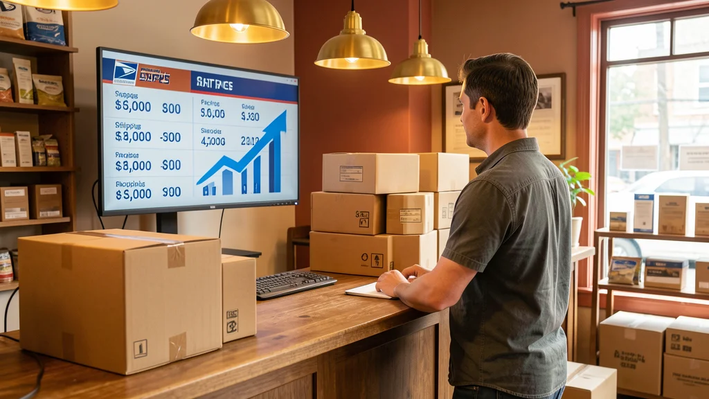 A seller at a counter watching USPS package rates climb on a screen, with a stack of outgoing boxes nearby — Mailbox Plus packing and shipping in Concord Township, OH.