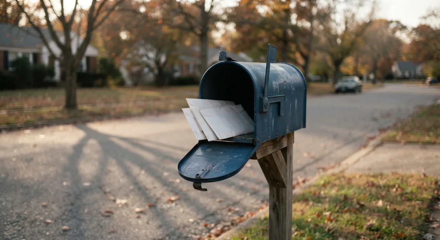 A mailbox on a residential street with letters drifting past it, representing slower First-Class Mail service — Mailbox Plus multi-carrier shipping counter in Concord Township, OH.