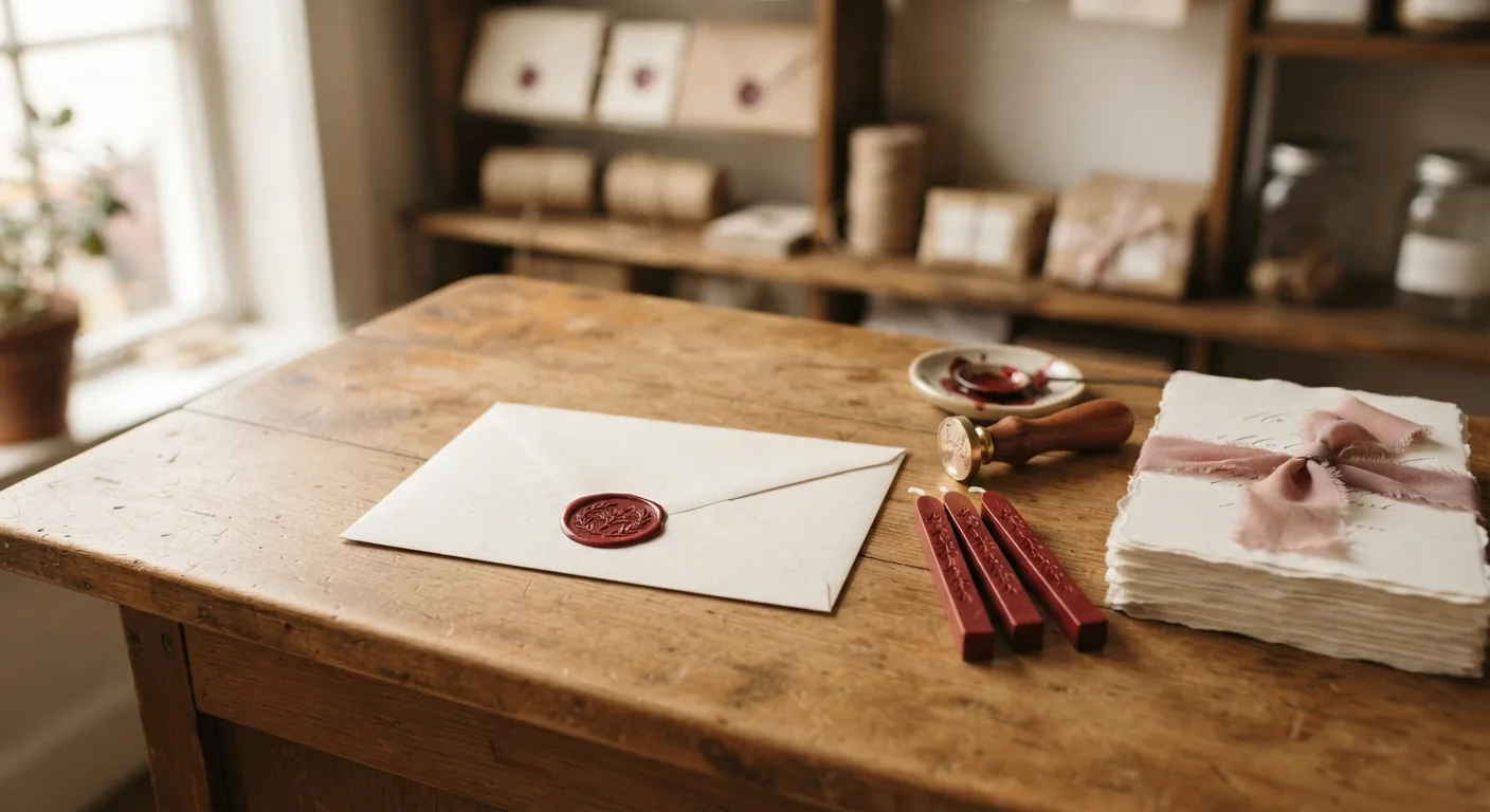 A cream envelope with a deep red wax seal resting on a wooden counter beside postage stamps — properly mailed wax-sealed correspondence.