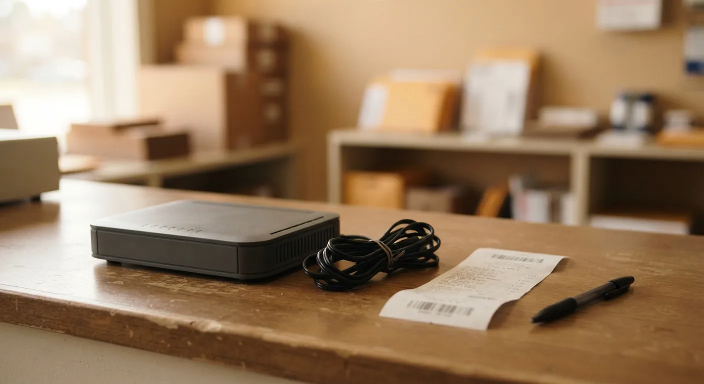 A Wi-Fi gateway and its power cord sitting unpacked on a shipping store counter next to a receipt and a pen, warm light, ready for a rep to scan and pack — Mailbox Plus in Concord Township, OH.