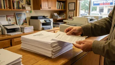 A stack of freshly copied papers on a counter, someone handing over originals. Warm, helpful.