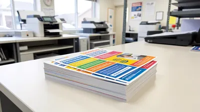 A stack of colorful postcards ready for mailing on a clean print shop counter. Bright, professional.