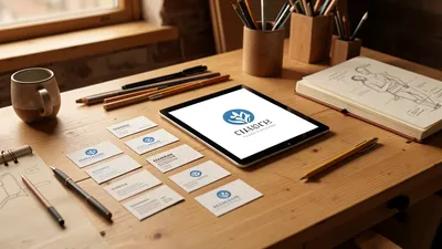 A clean wooden desk with professional business cards and a tablet showing a logo design. A designer's workspace.