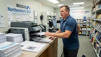 A professional printer running, a clean counter with printed documents ready to pick up. Fast, efficient.