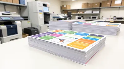 A stack of colorful postcards ready for mailing next to a USPS tray