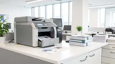 An inkjet printer with a flashing low-ink warning light on a home office desk