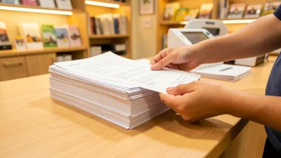 A stack of freshly copied papers on a counter, someone handing over originals, warm helpful lighting