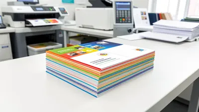 A stack of colorful postcards ready for mailing on a clean print shop counter, bright professional
