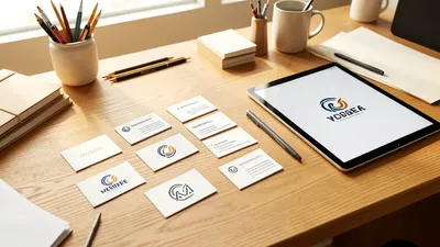 A clean wooden desk with professional business cards and a tablet showing a logo design, a designer's workspace
