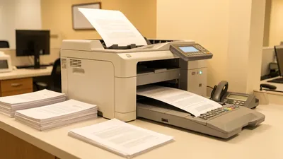 A professional printer running, a clean counter with printed documents ready to pick up, fast efficient