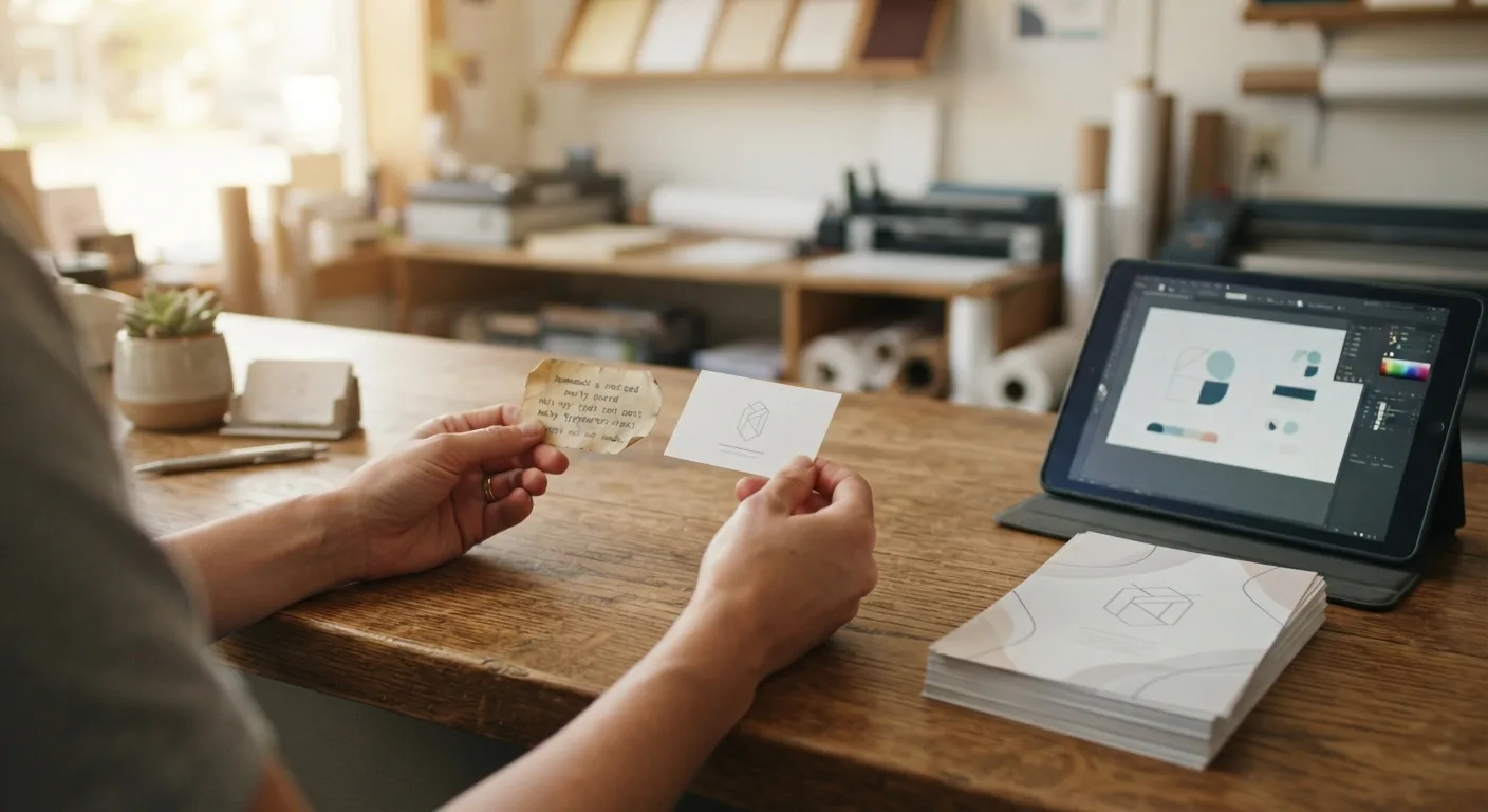 A small business owner comparing a faded homemade business card with a crisp, professionally designed one on a wooden counter — Mailbox Plus printing and design services near Mentor, OH.