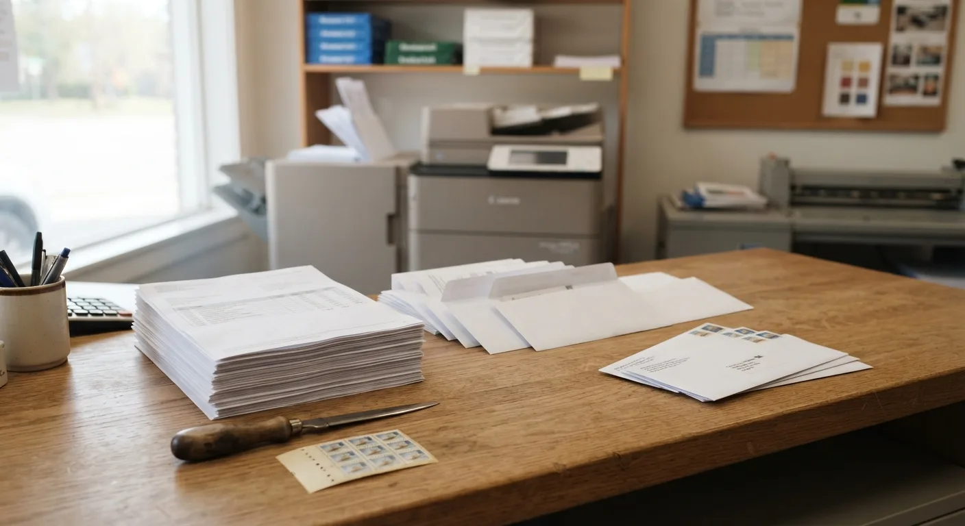 A stack of printed invoices being folded and slid into envelopes on a work counter at a print and mail shop.