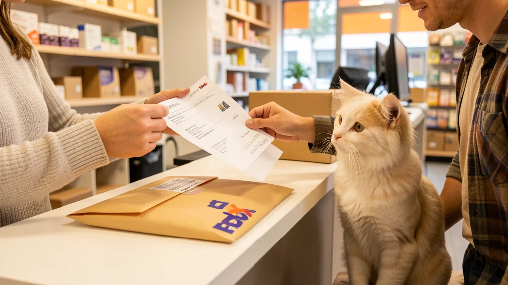 Pet prescription being sealed in a FedEx envelope at a shipping counter