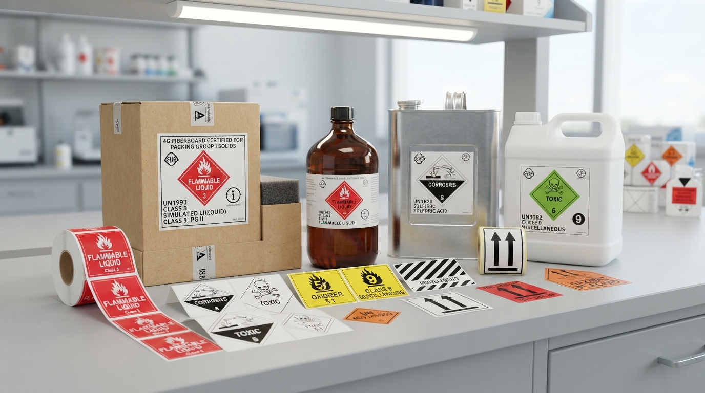 Assorted hazardous material labels and compliant packaging containers on a counter