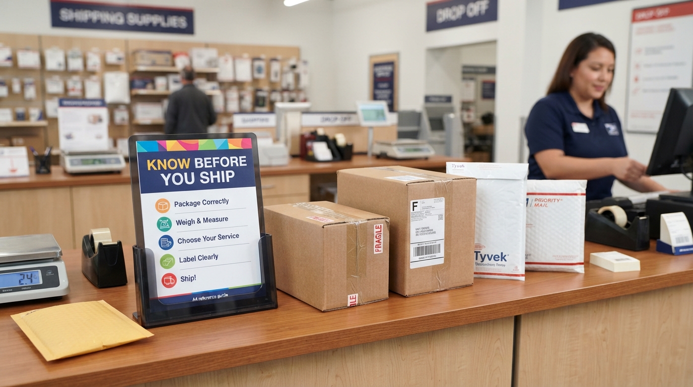 Shipping counter display with reference guide and various package types