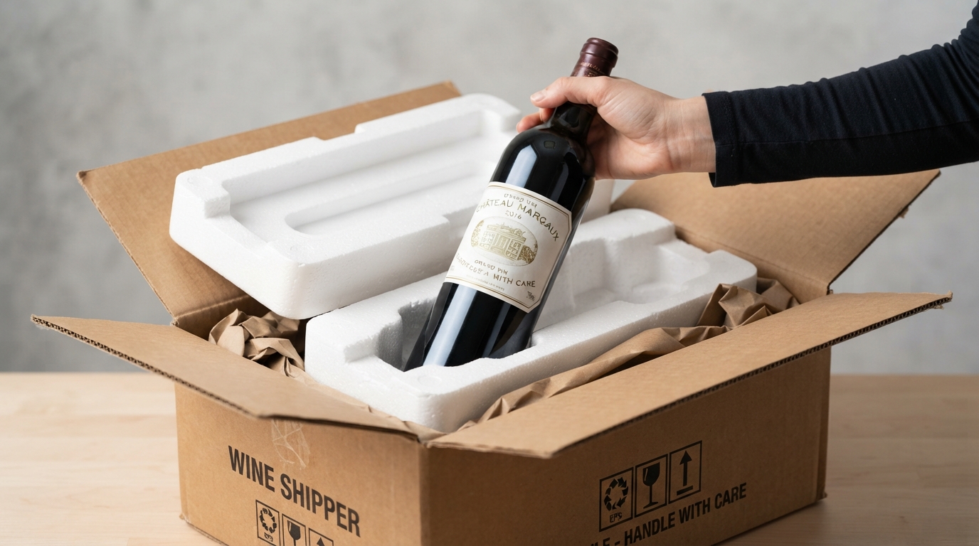 Wine bottle being packed in a foam wine shipper inside a cardboard box