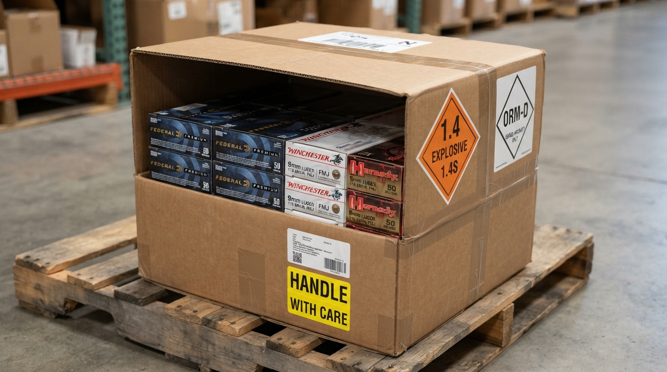 Sealed ammunition boxes stacked in a corrugated shipping box with hazmat labels