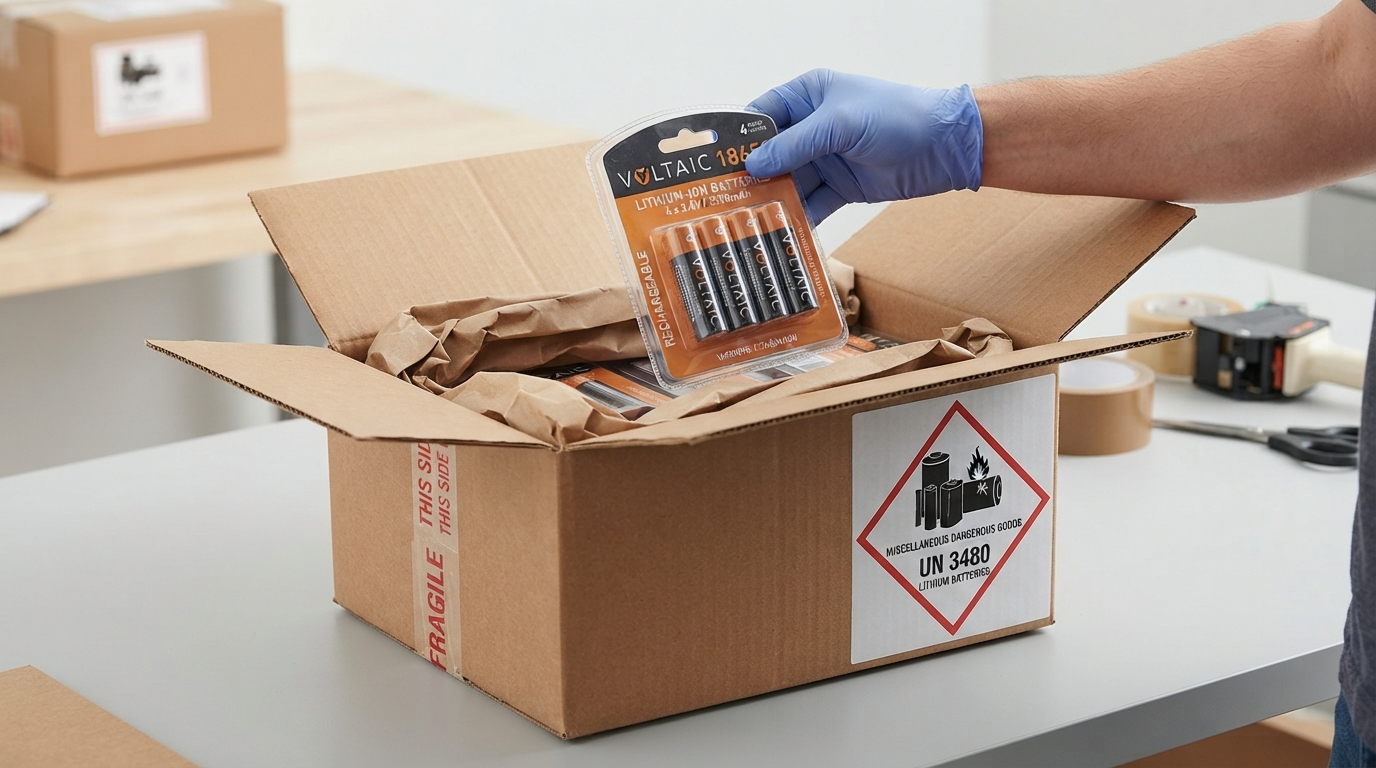 Lithium batteries in original packaging being placed in a shipping box with hazmat label