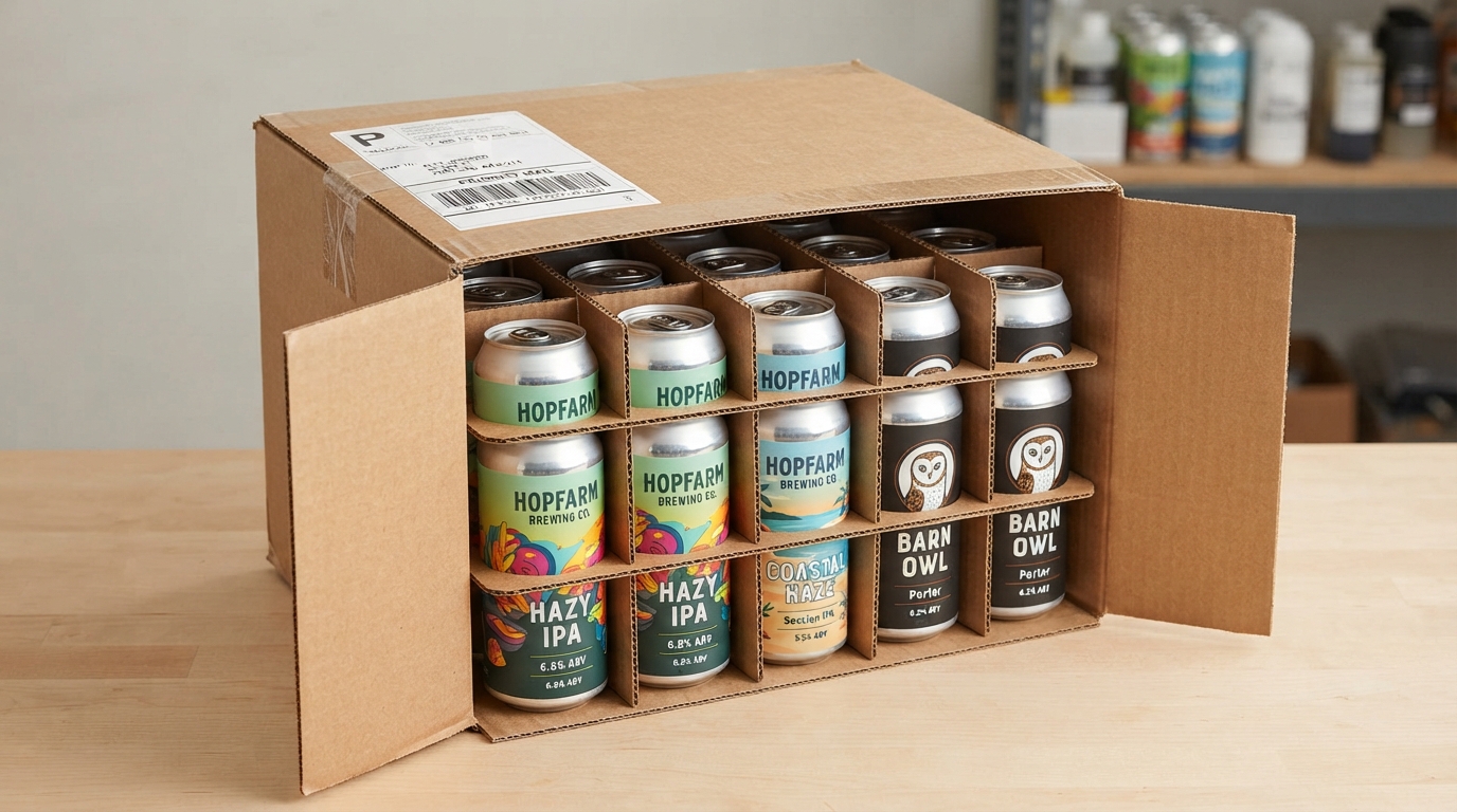 Craft beer cans secured in a cardboard box with divider inserts and shipping label