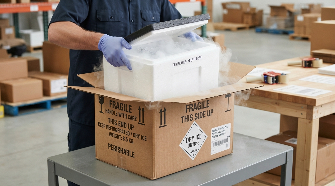 Dry ice in styrofoam cooler being placed inside a cardboard shipping box