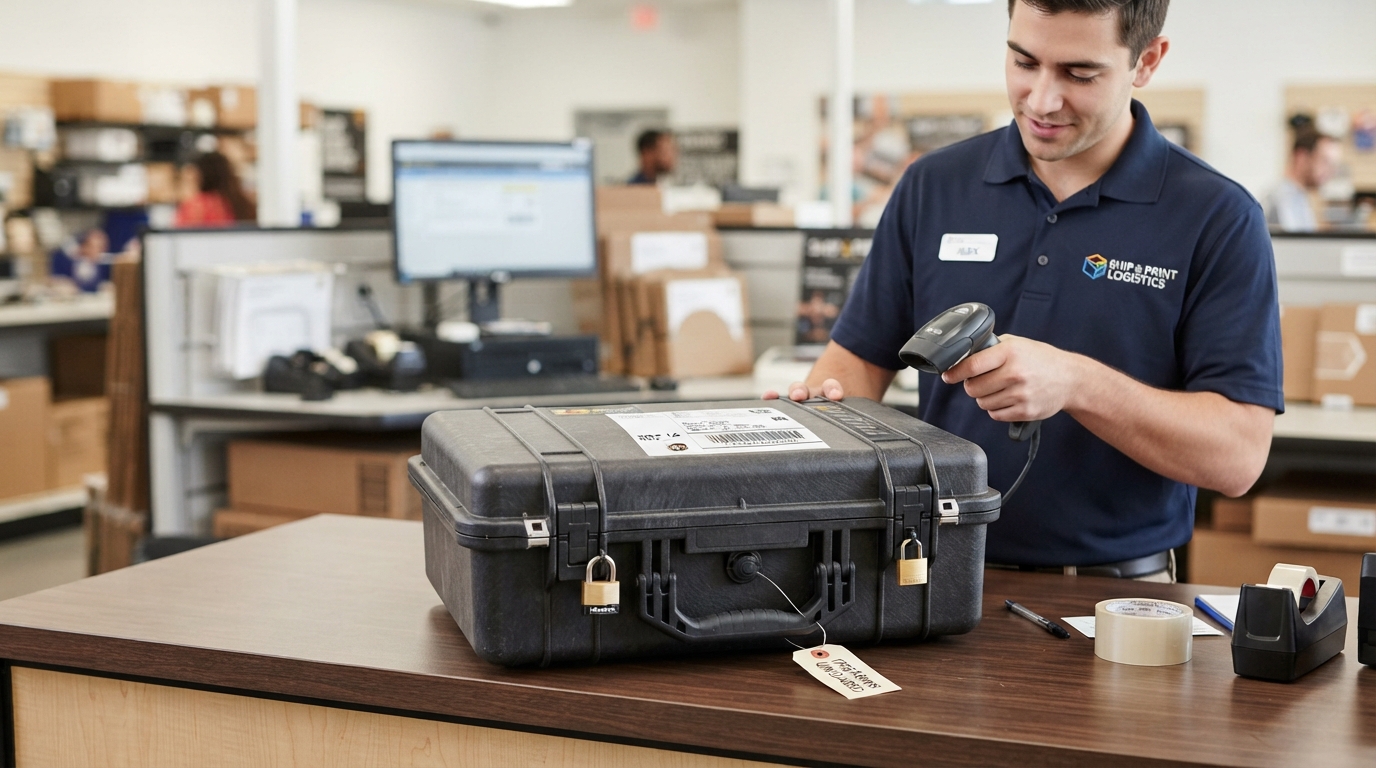 Locked gun case being prepared for shipping at a service counter