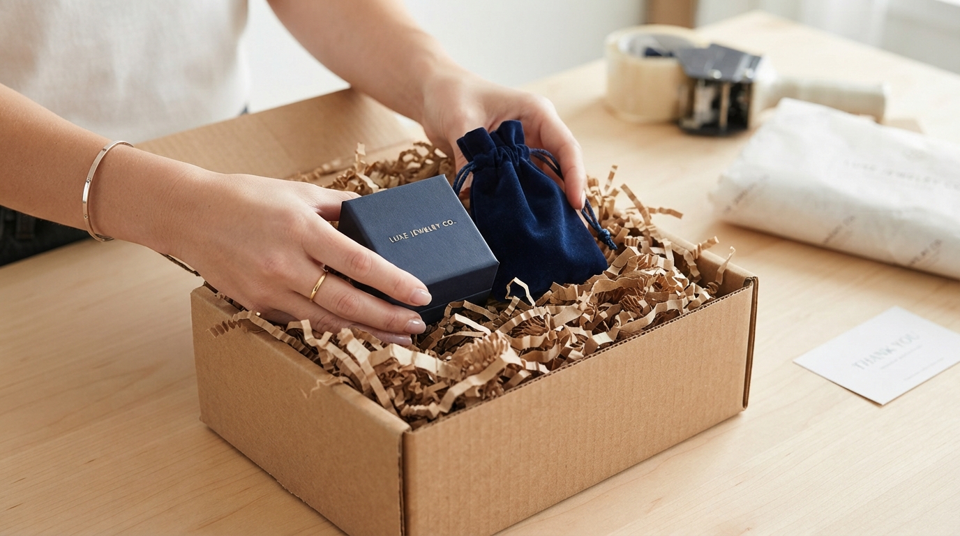 Ring box and jewelry pouch being placed in a padded shipping box with cushioning