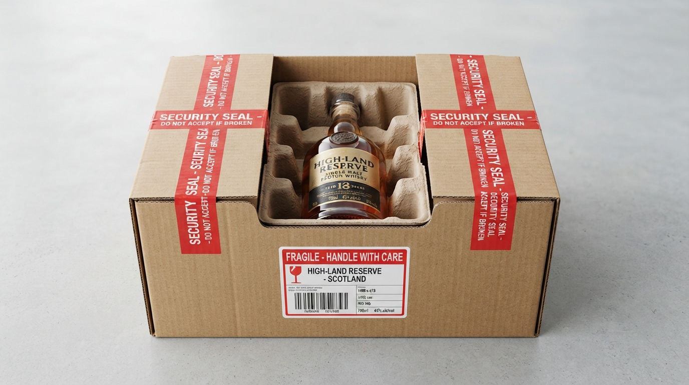 Liquor bottle in padded shipper with tamper-evident tape and fragile label
