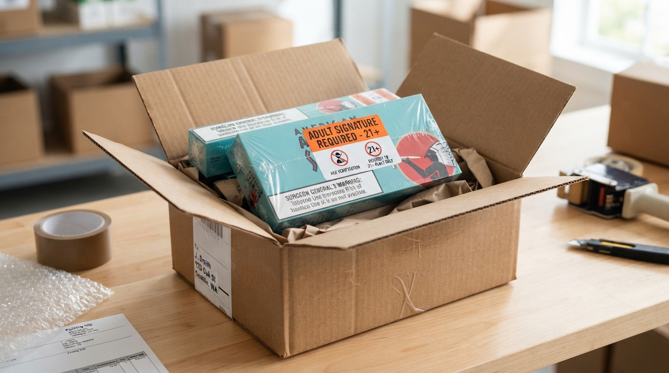 Sealed tobacco boxes with adult signature labels being prepared for shipping