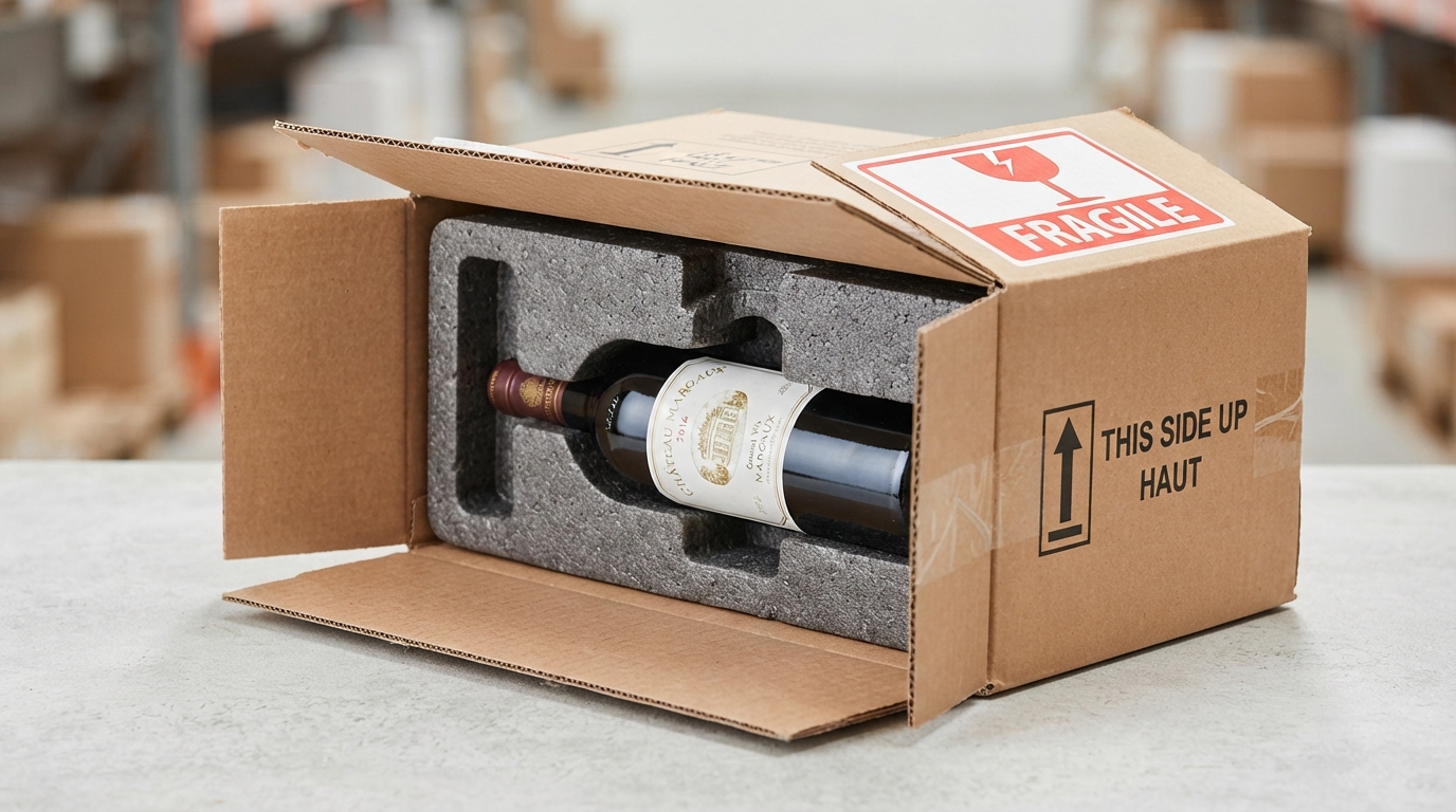 Wine bottle secured in molded foam shipper with fragile labels visible