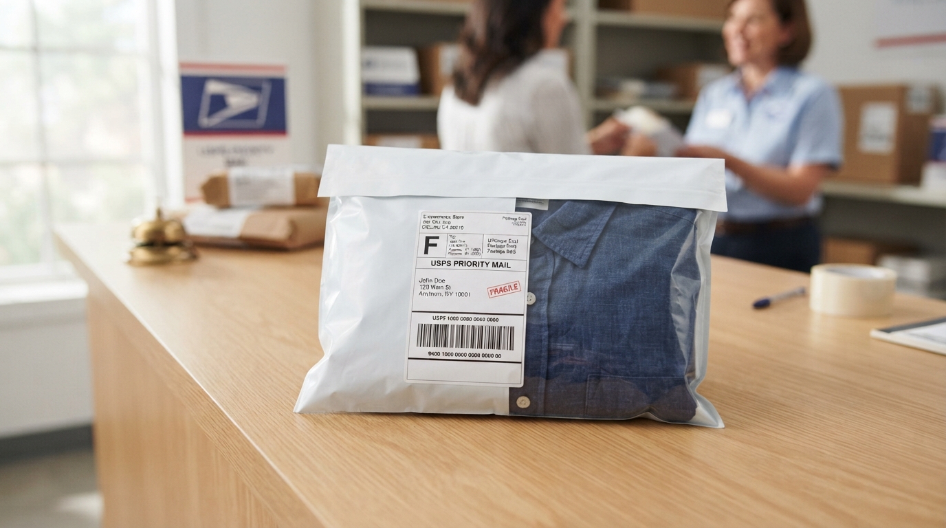 Clothing item in a poly mailer with prepaid shipping label ready for drop-off at a service counter